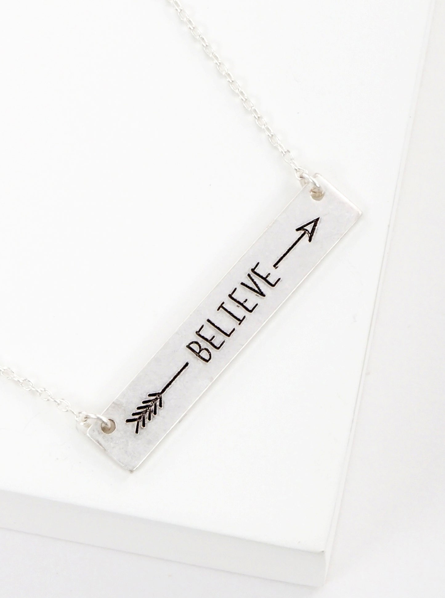 Believe Arrow Engraved Horizontal Bar Pendant Necklace