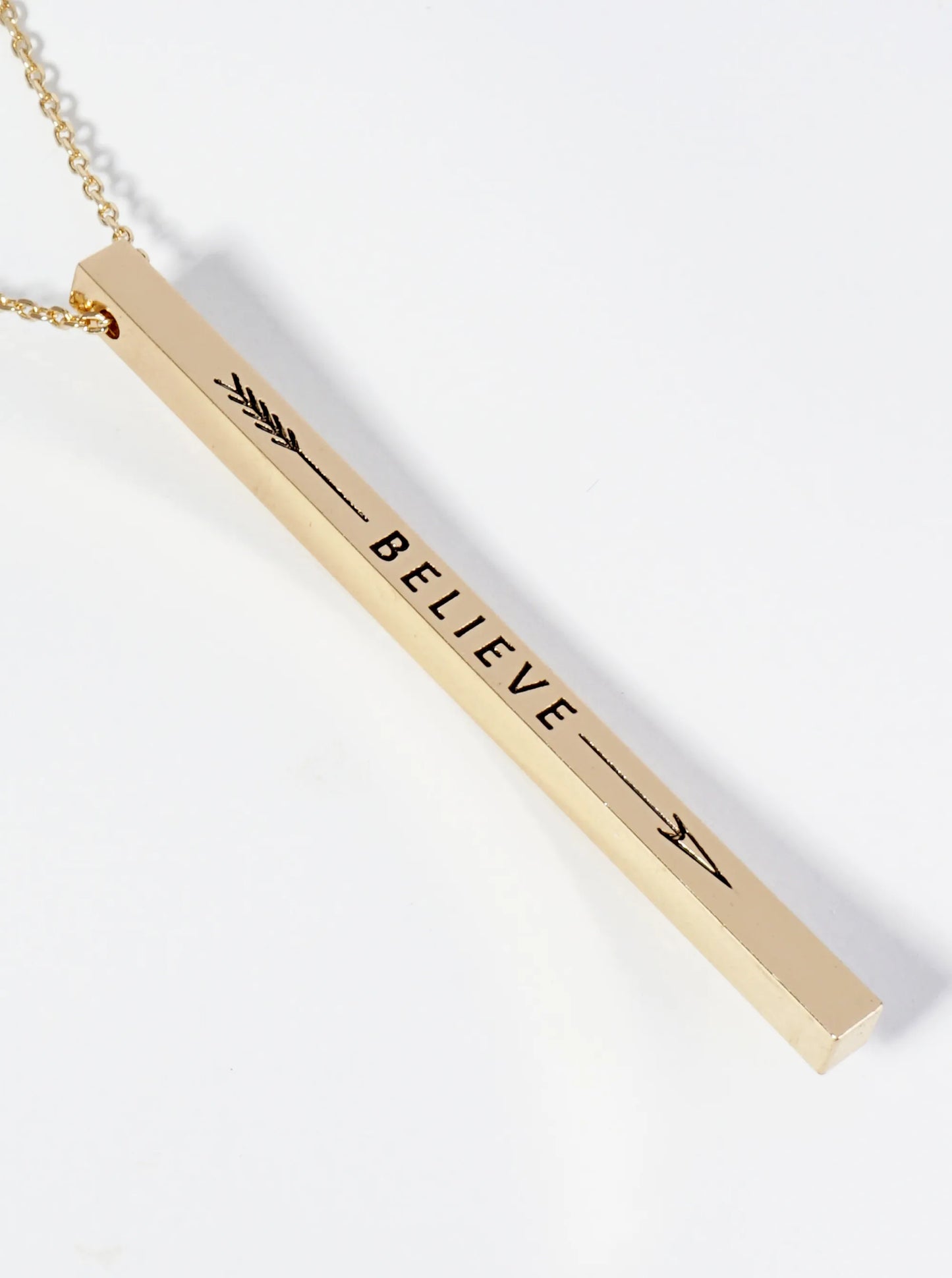 Believe Arrow Engraved Vertical Bar Pendant Inspirational Necklace