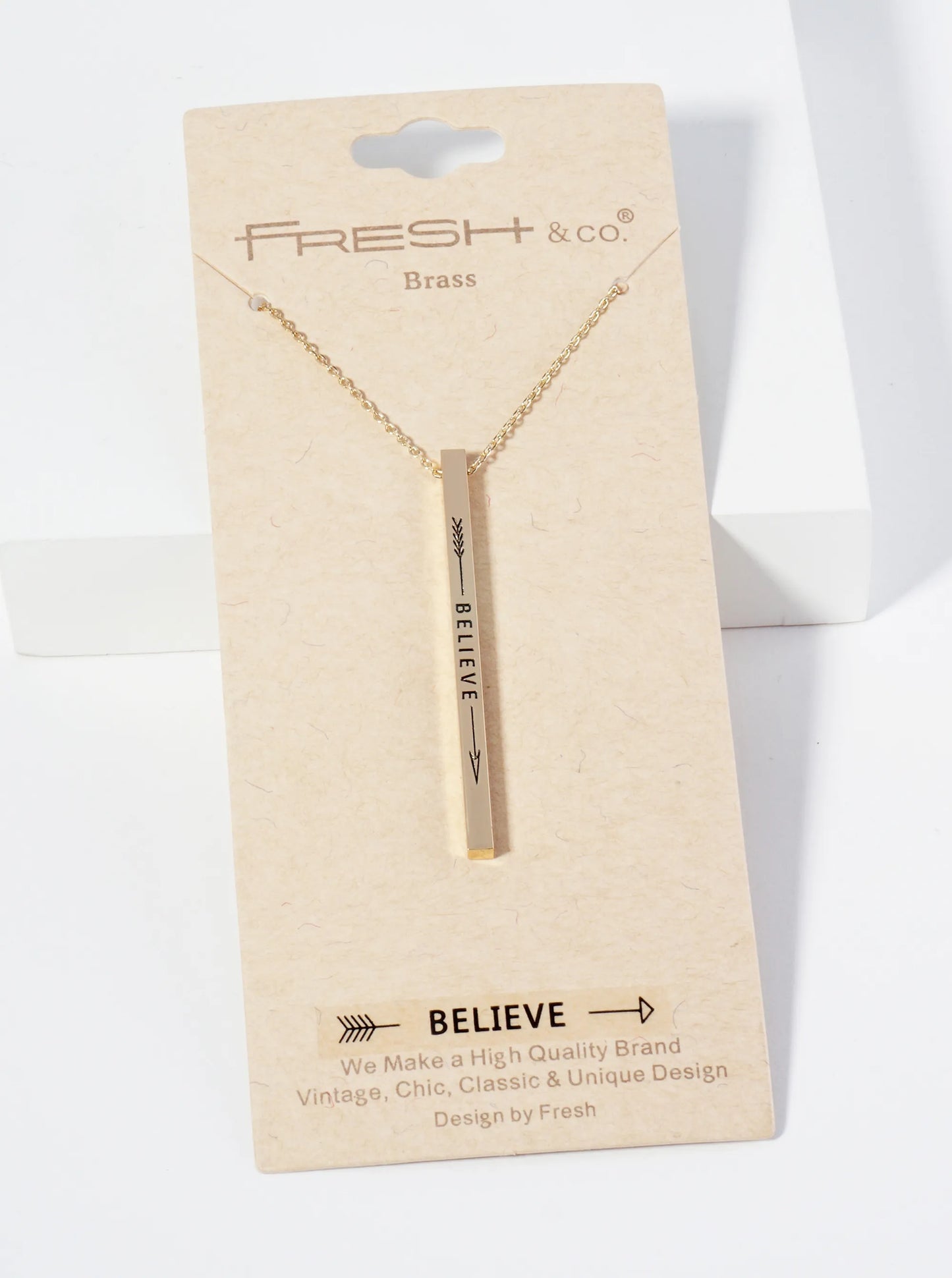 Believe Arrow Engraved Vertical Bar Pendant Inspirational Necklace