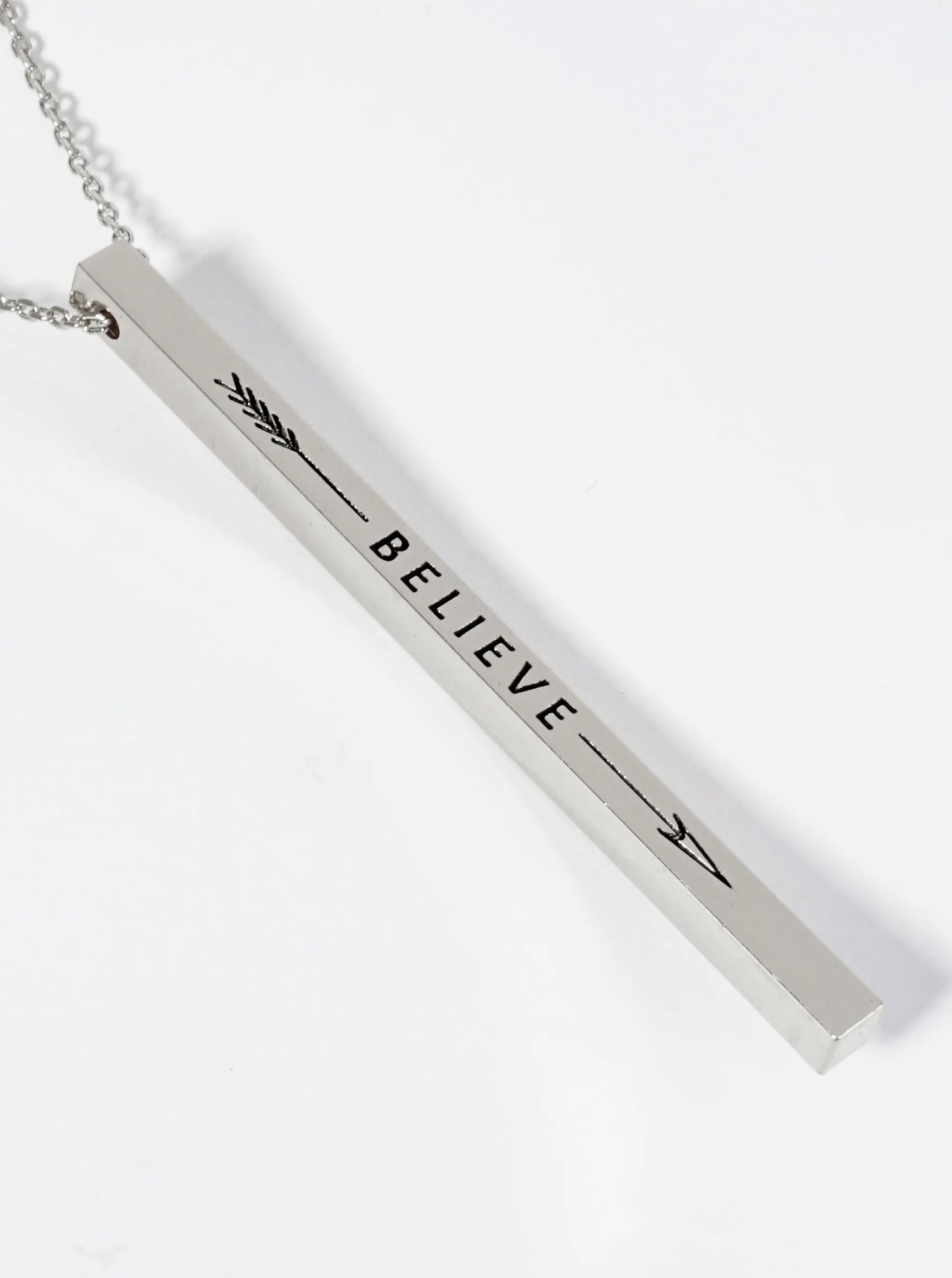 Believe Arrow Engraved Vertical Bar Pendant Inspirational Necklace