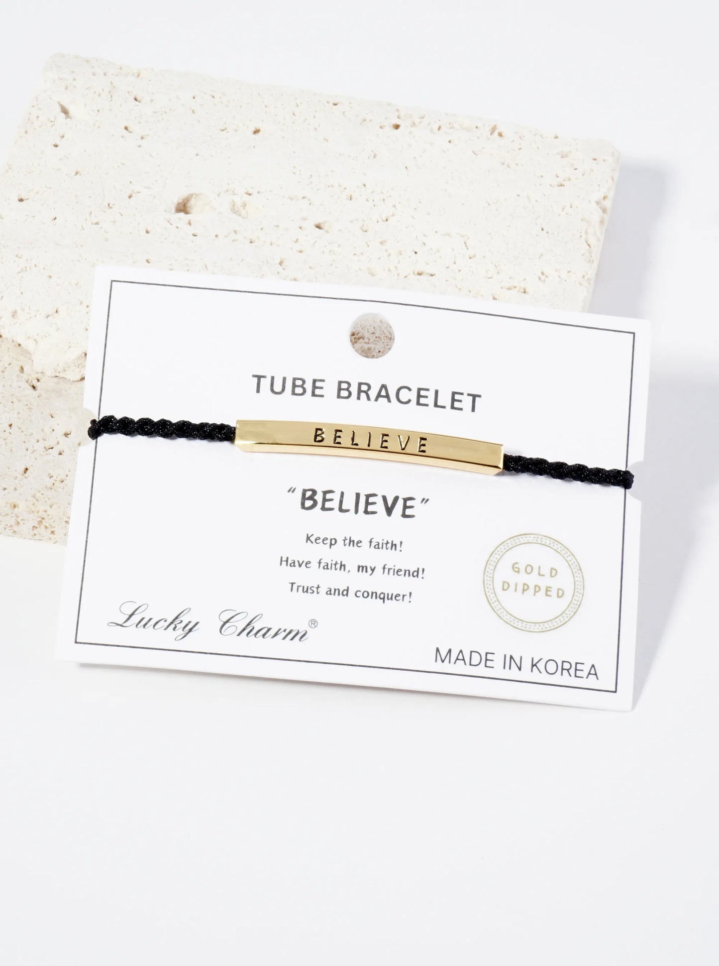 Believe Engraved 18K Gold Dipped Curved Brass Tube Bar Adjustable Pull Tie Bracelet