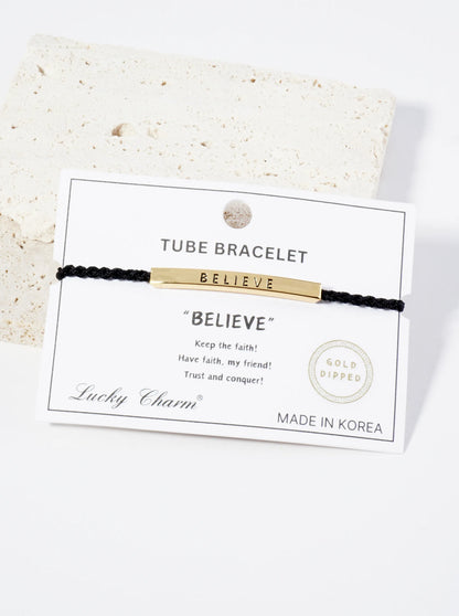 Believe Engraved 18K Gold Dipped Curved Brass Tube Bar Adjustable Pull Tie Bracelet