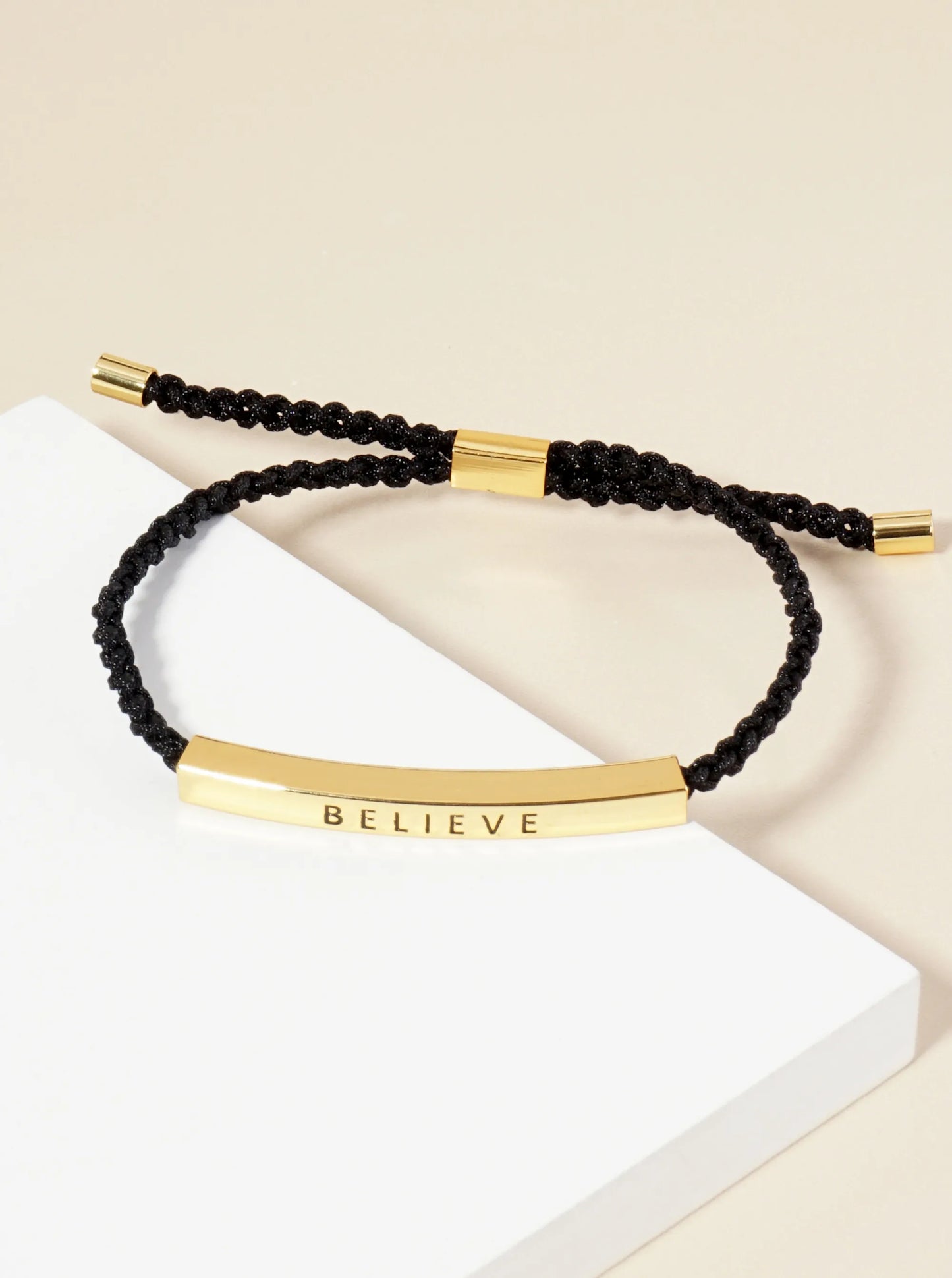Believe Engraved 18K Gold Dipped Curved Brass Tube Bar Adjustable Pull Tie Bracelet