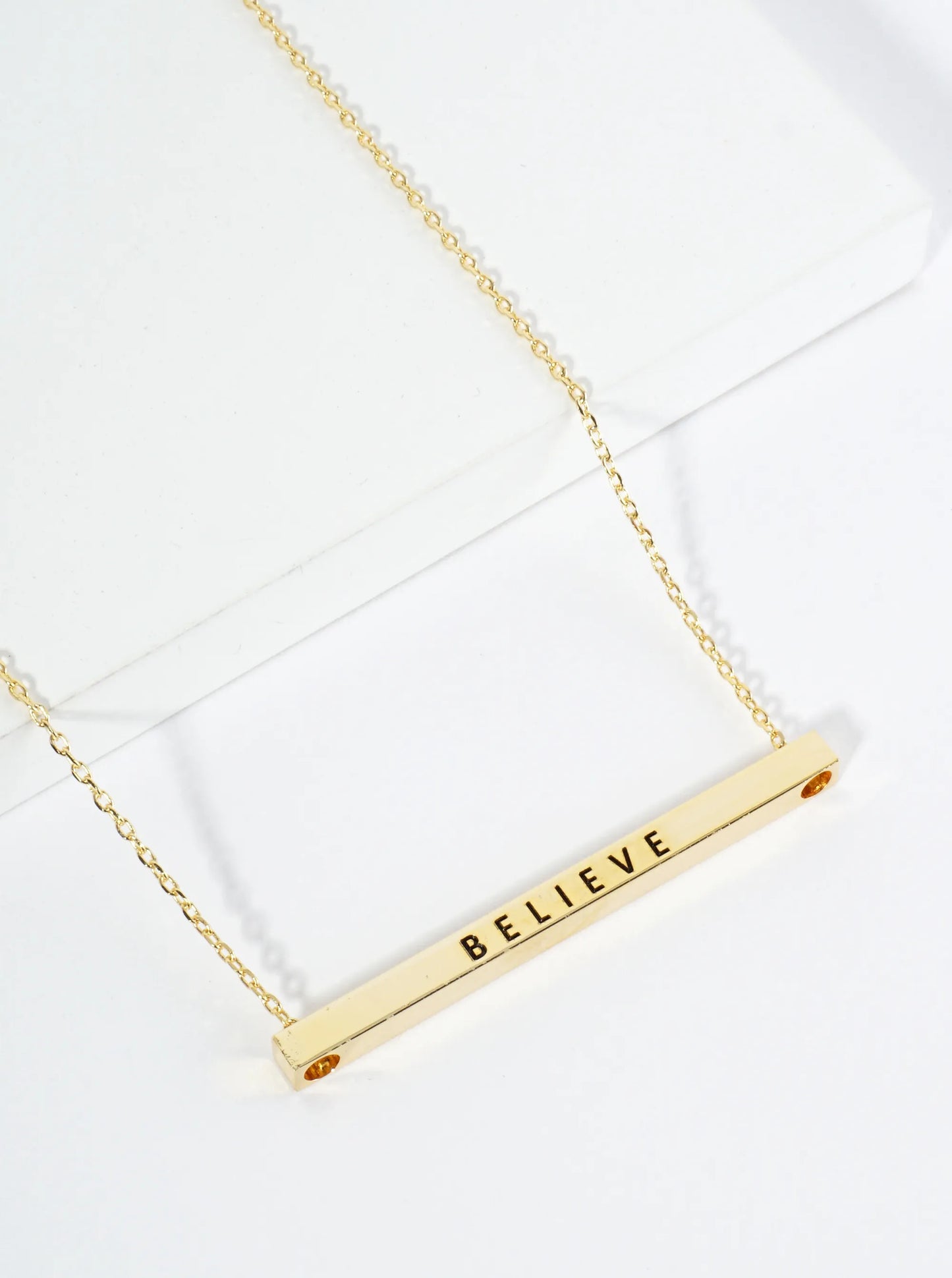 Believe Engraved 18K Gold Dipped Horizontal Brass Bar Pendant Inspirational Necklace