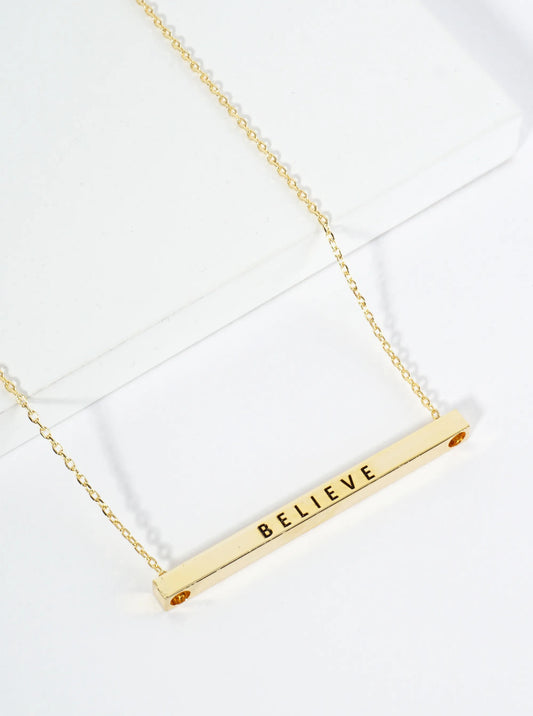Believe Engraved 18K Gold Dipped Horizontal Brass Bar Pendant Inspirational Necklace