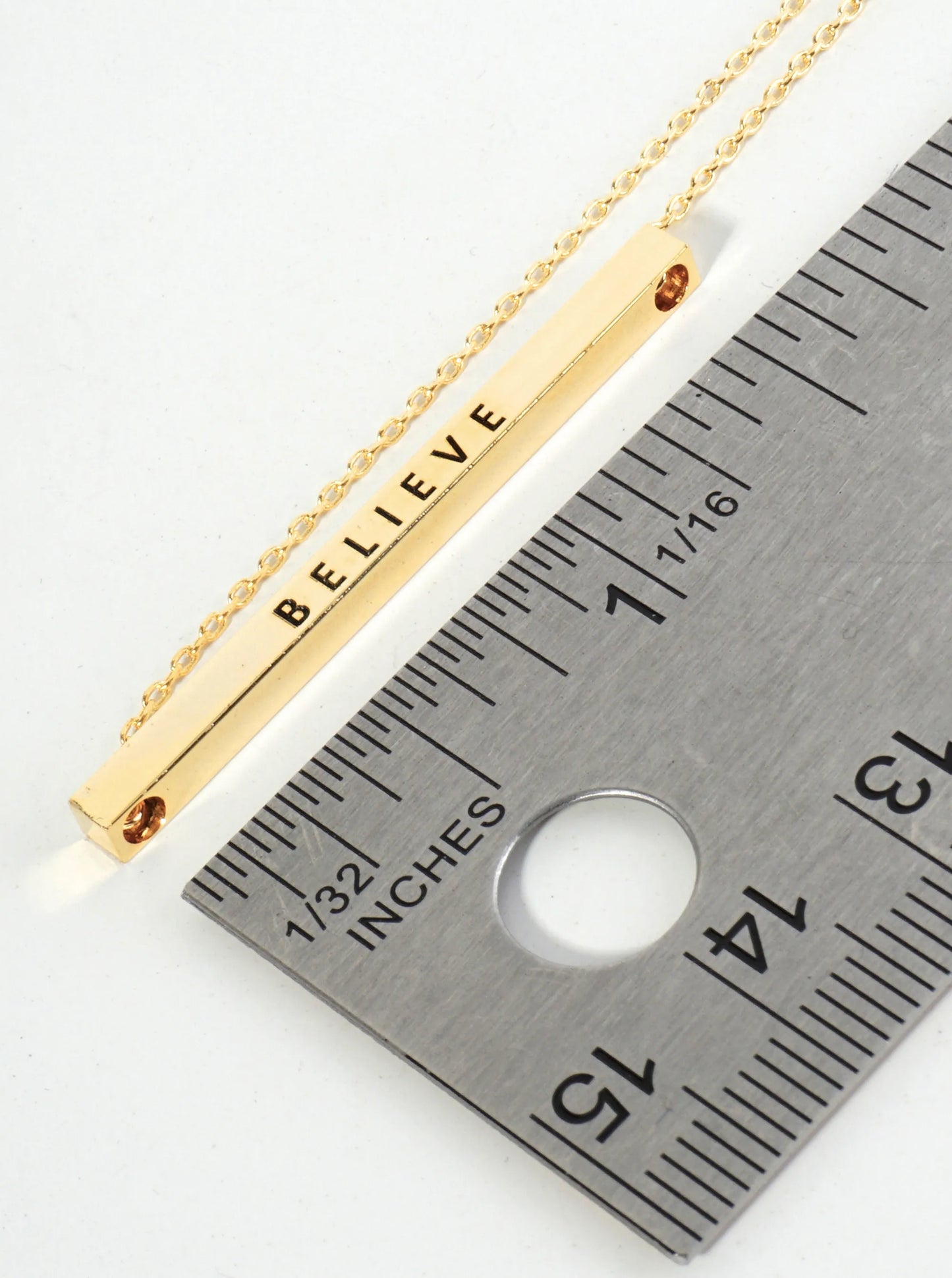 Believe Engraved 18K Gold Dipped Horizontal Brass Bar Pendant Inspirational Necklace