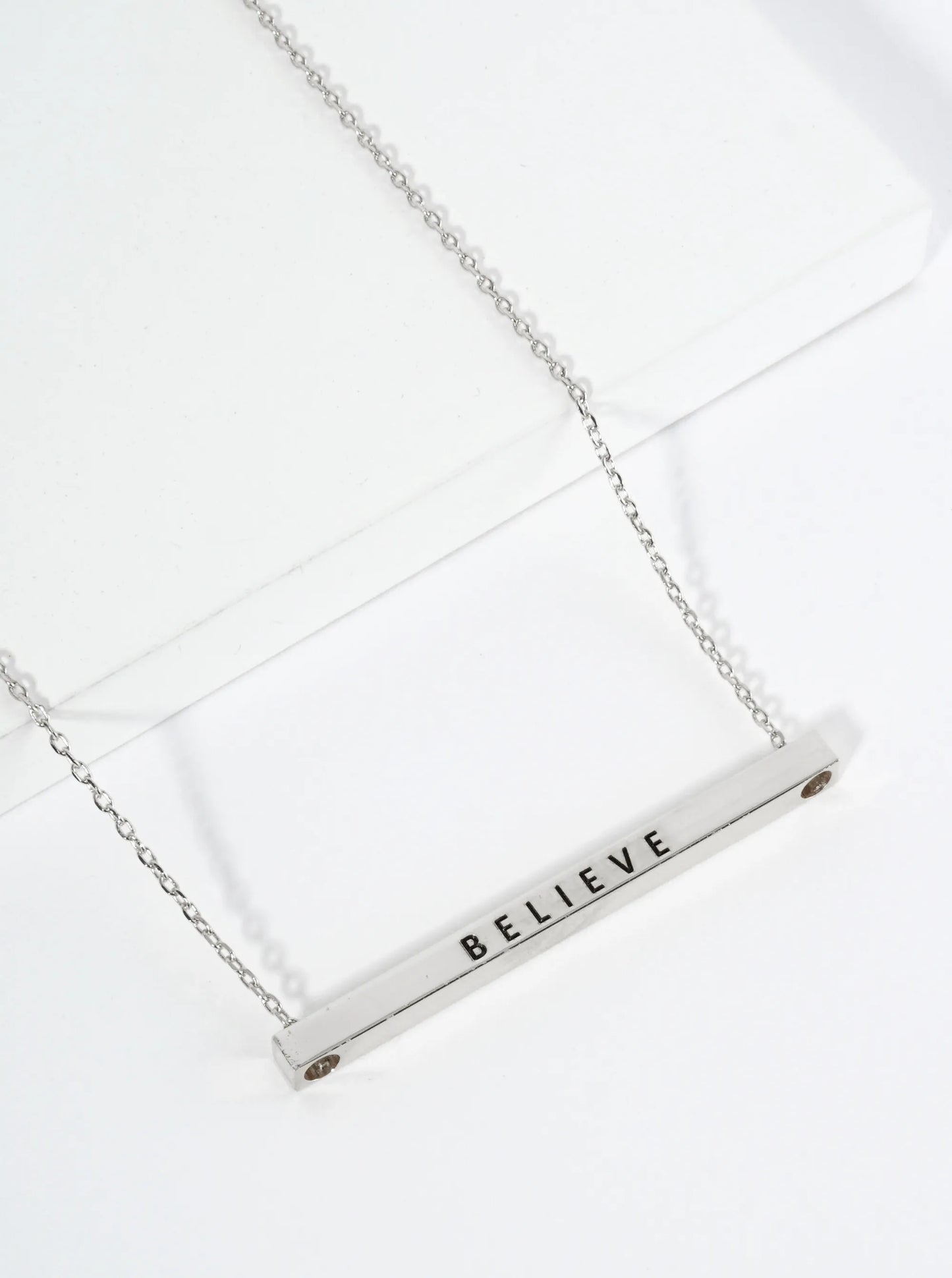Believe Engraved 18K Gold Dipped Horizontal Brass Bar Pendant Inspirational Necklace