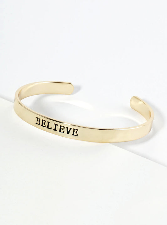Believe Engraved 18K Gold Dipped Open Cuff Bangle Bracelet