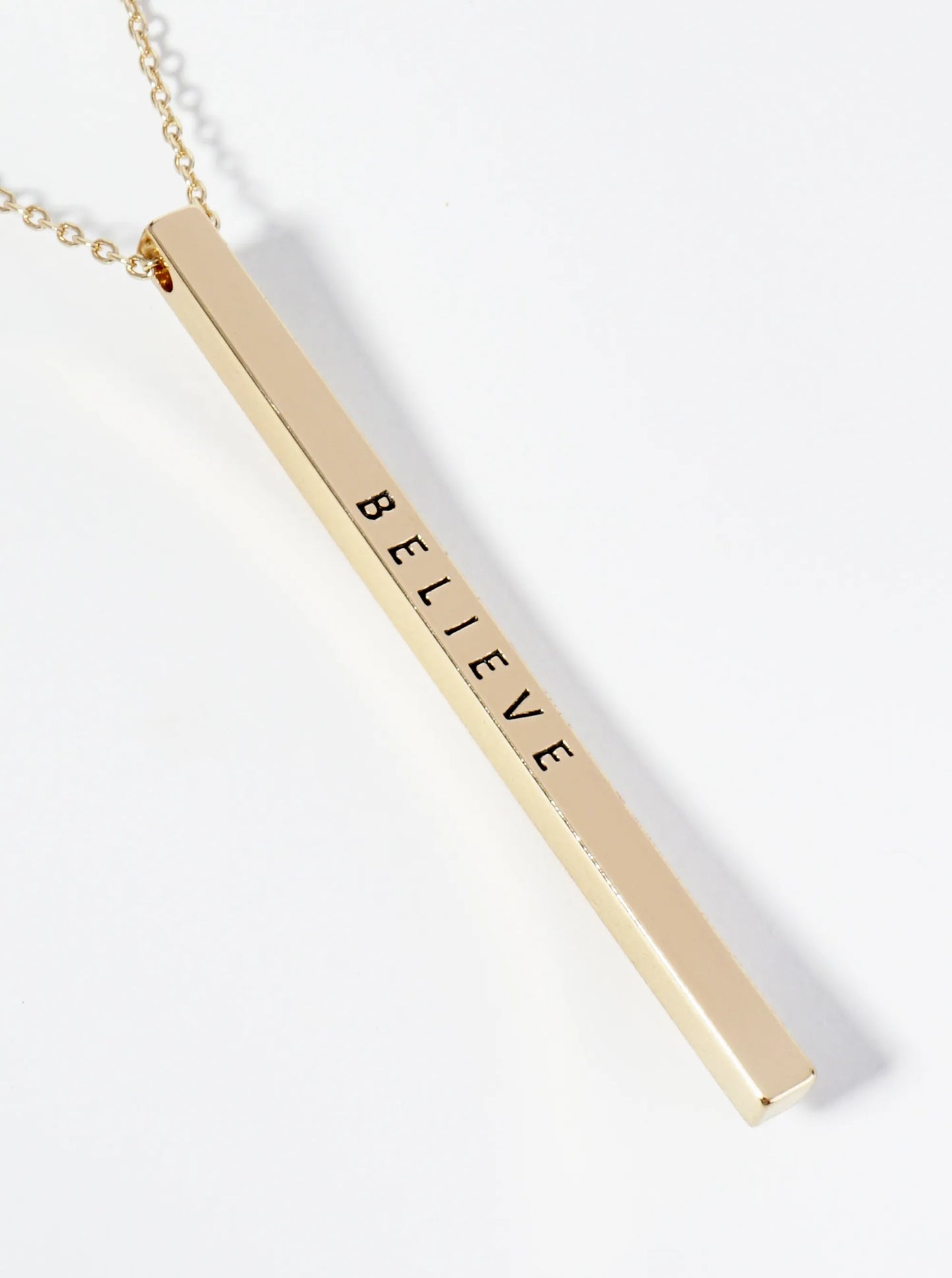 Believe Engraved Vertical Bar Pendant Inspirational Necklace