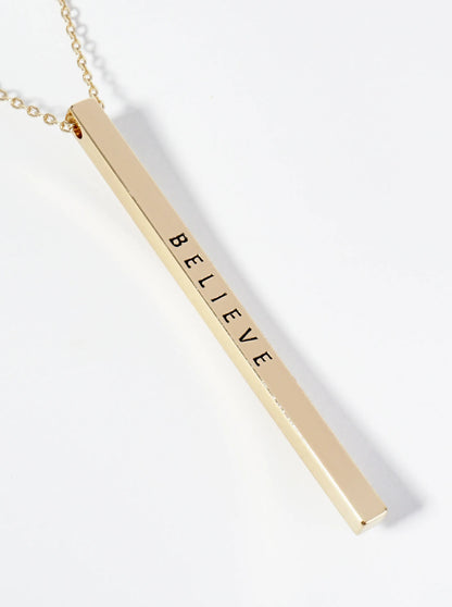 Believe Engraved Vertical Bar Pendant Inspirational Necklace