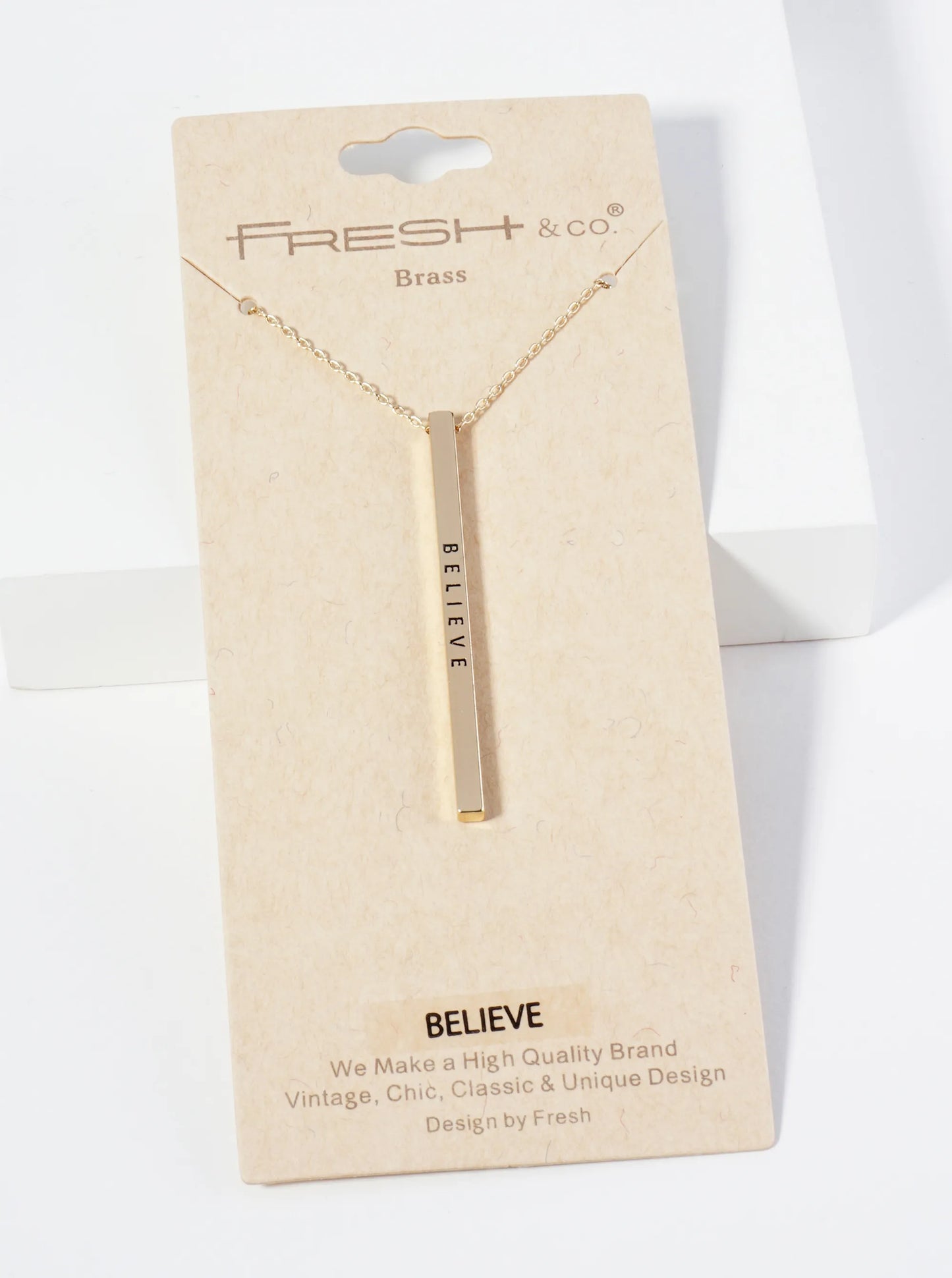 Believe Engraved Vertical Bar Pendant Inspirational Necklace