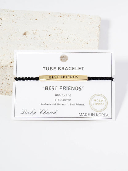 Best Friends Engraved 18K Gold Dipped Curved Brass Tube Bar Adjustable Pull Tie Bracelet