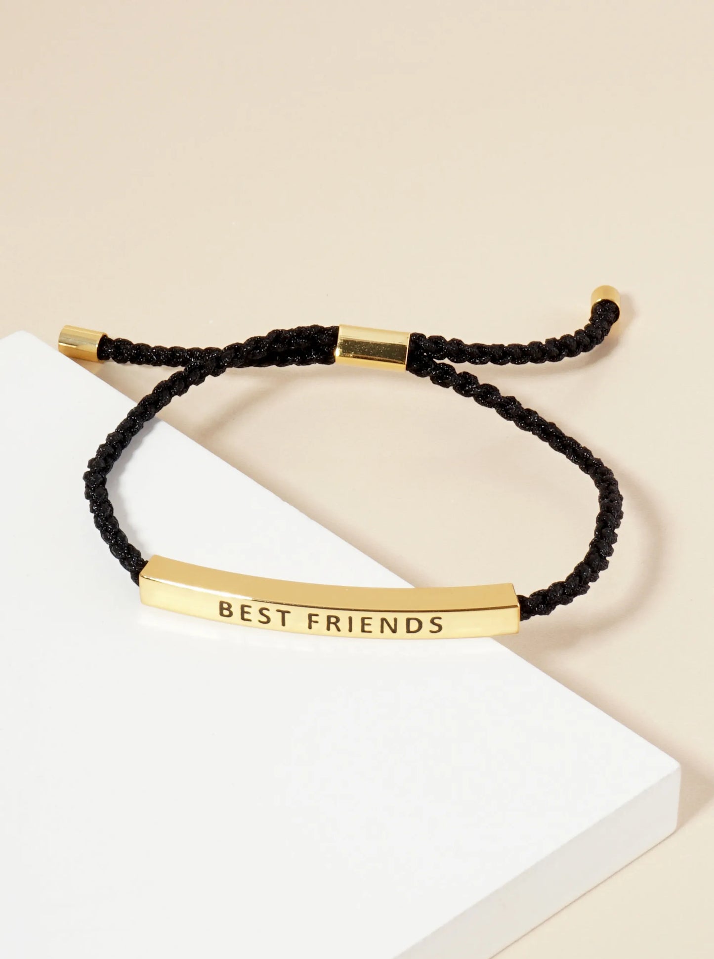 Best Friends Engraved 18K Gold Dipped Curved Brass Tube Bar Adjustable Pull Tie Bracelet