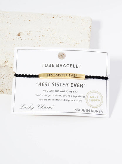 Best Sister Ever Engraved 18K Gold Dipped Curved Brass Tube Bar Adjustable Pull Tie Bracelet