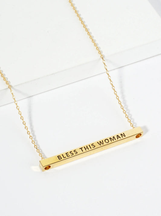 Bless This Woman Engraved 18K Gold Dipped Horizontal Brass Bar Pendant Inspirational Necklace
