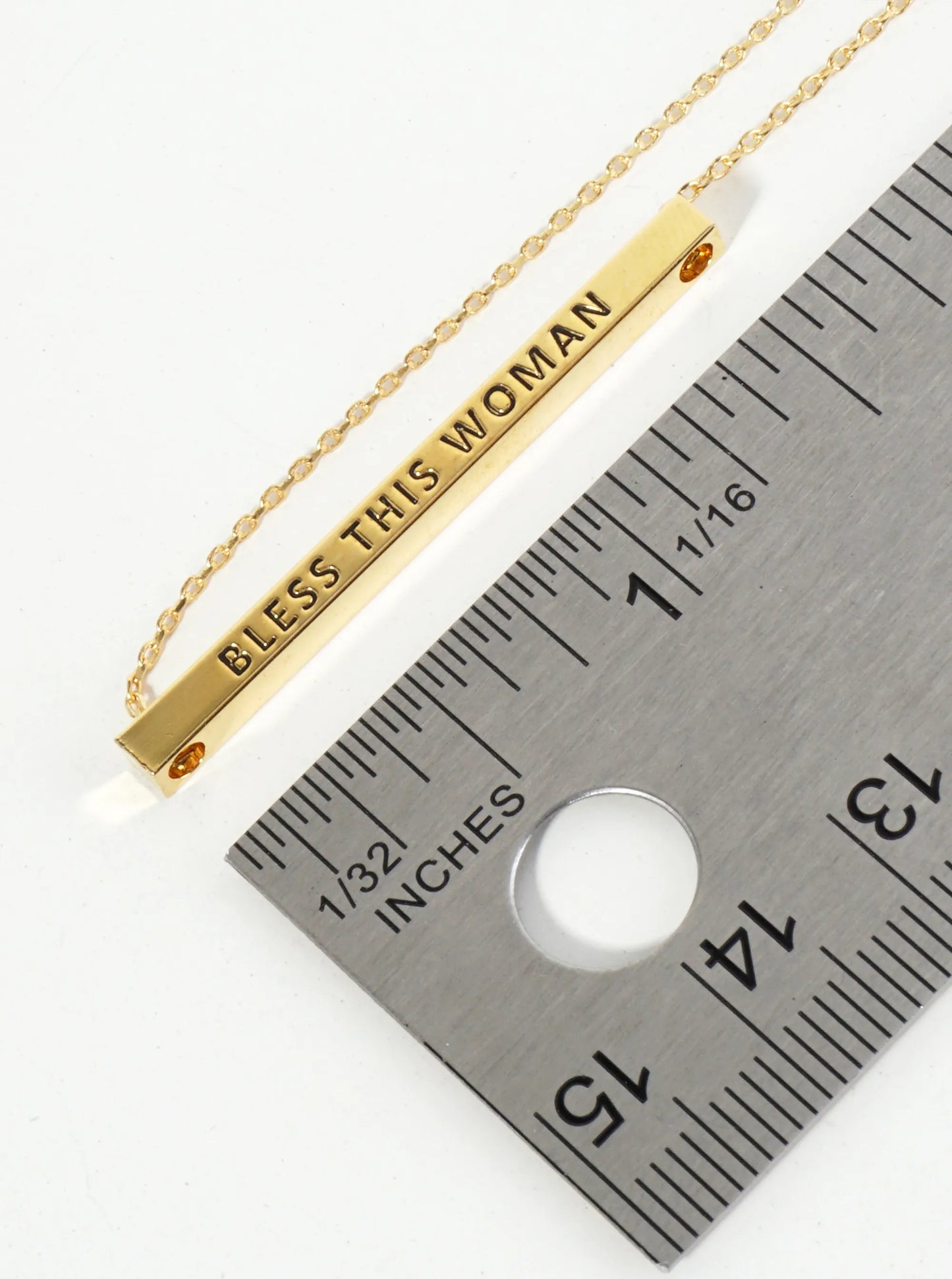 Bless This Woman Engraved 18K Gold Dipped Horizontal Brass Bar Pendant Inspirational Necklace