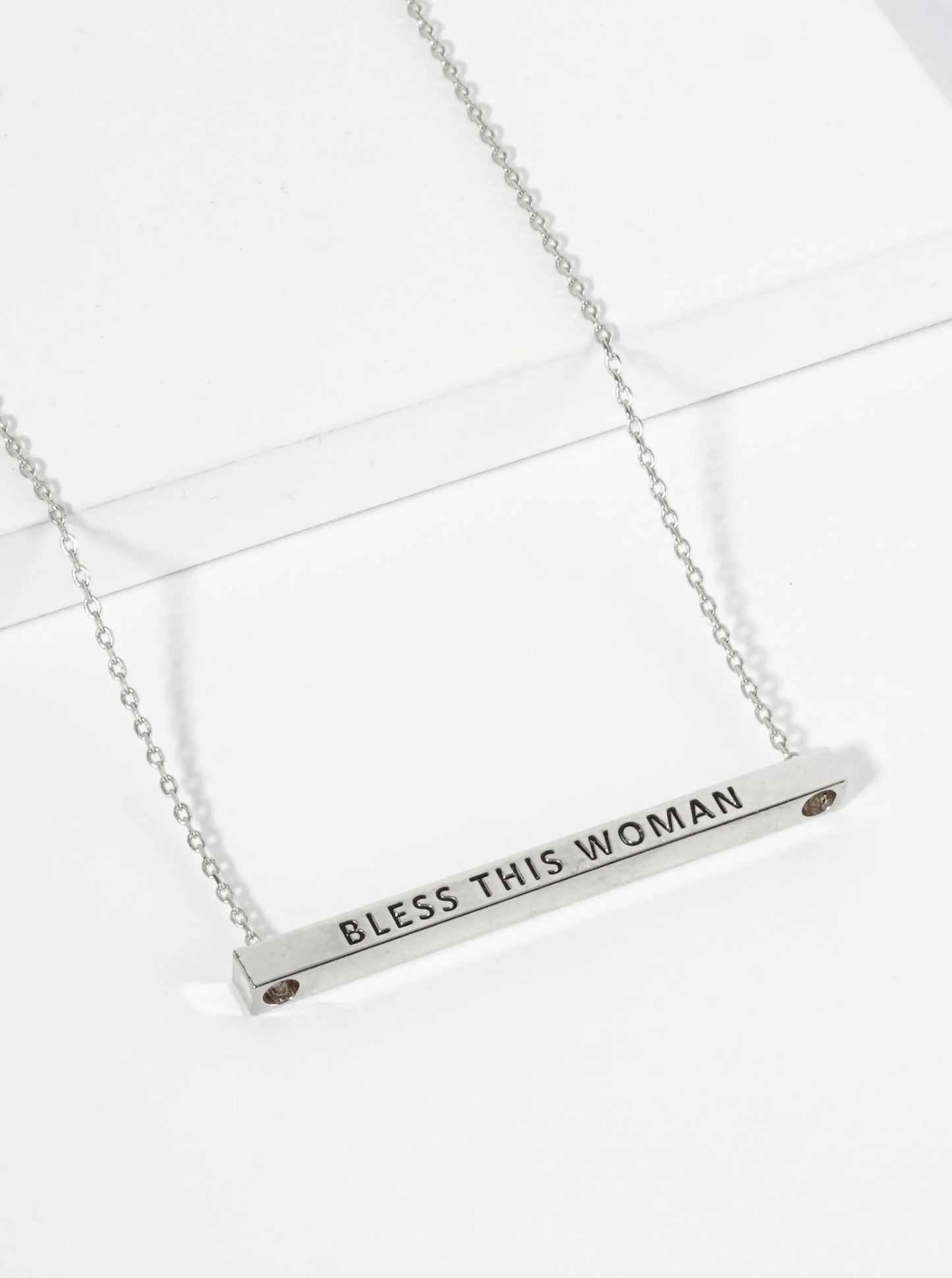 Bless This Woman Engraved 18K Gold Dipped Horizontal Brass Bar Pendant Inspirational Necklace