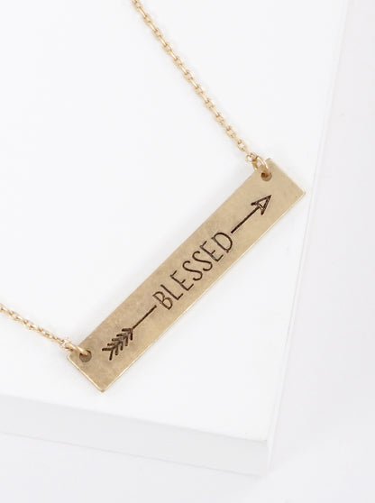 Blessed Arrow Engraved Horizontal Bar Pendant Necklace