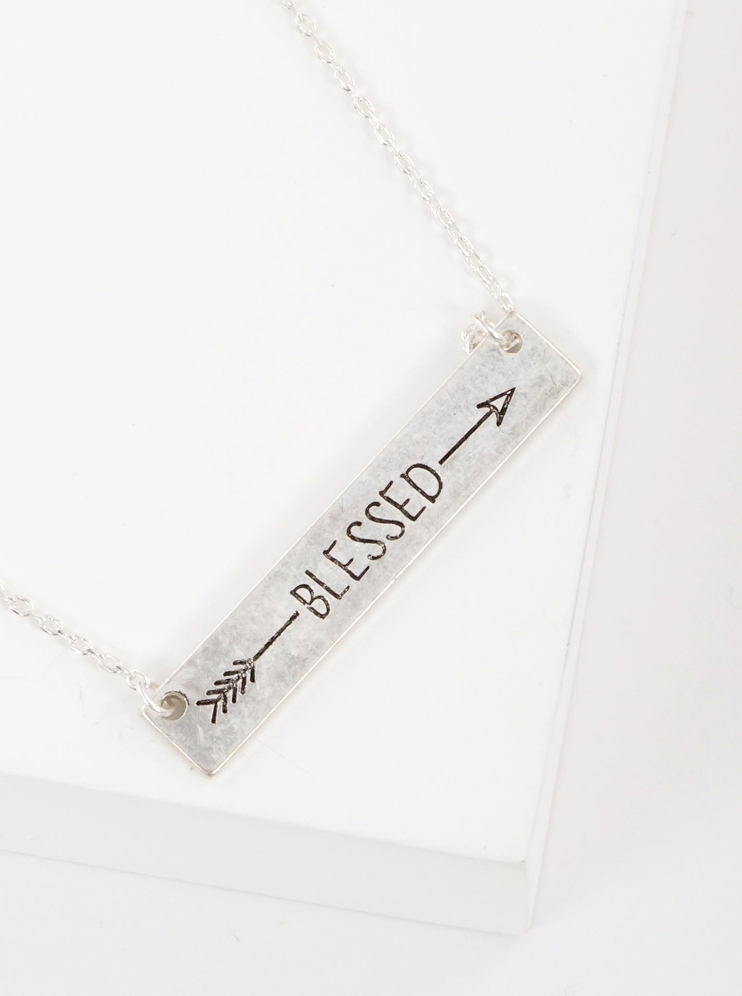 Blessed Arrow Engraved Horizontal Bar Pendant Necklace