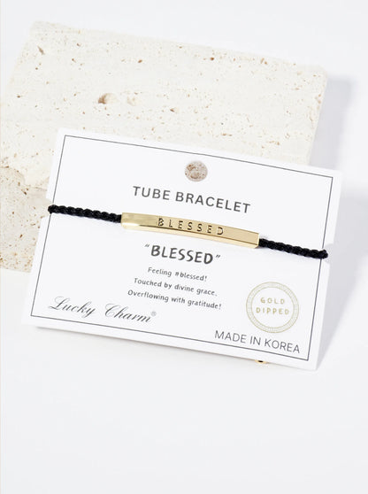 Blessed Engraved 18K Gold Dipped Curved Brass Tube Bar Adjustable Pull Tie Bracelet