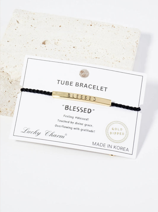 Blessed Engraved 18K Gold Dipped Curved Brass Tube Bar Adjustable Pull Tie Bracelet