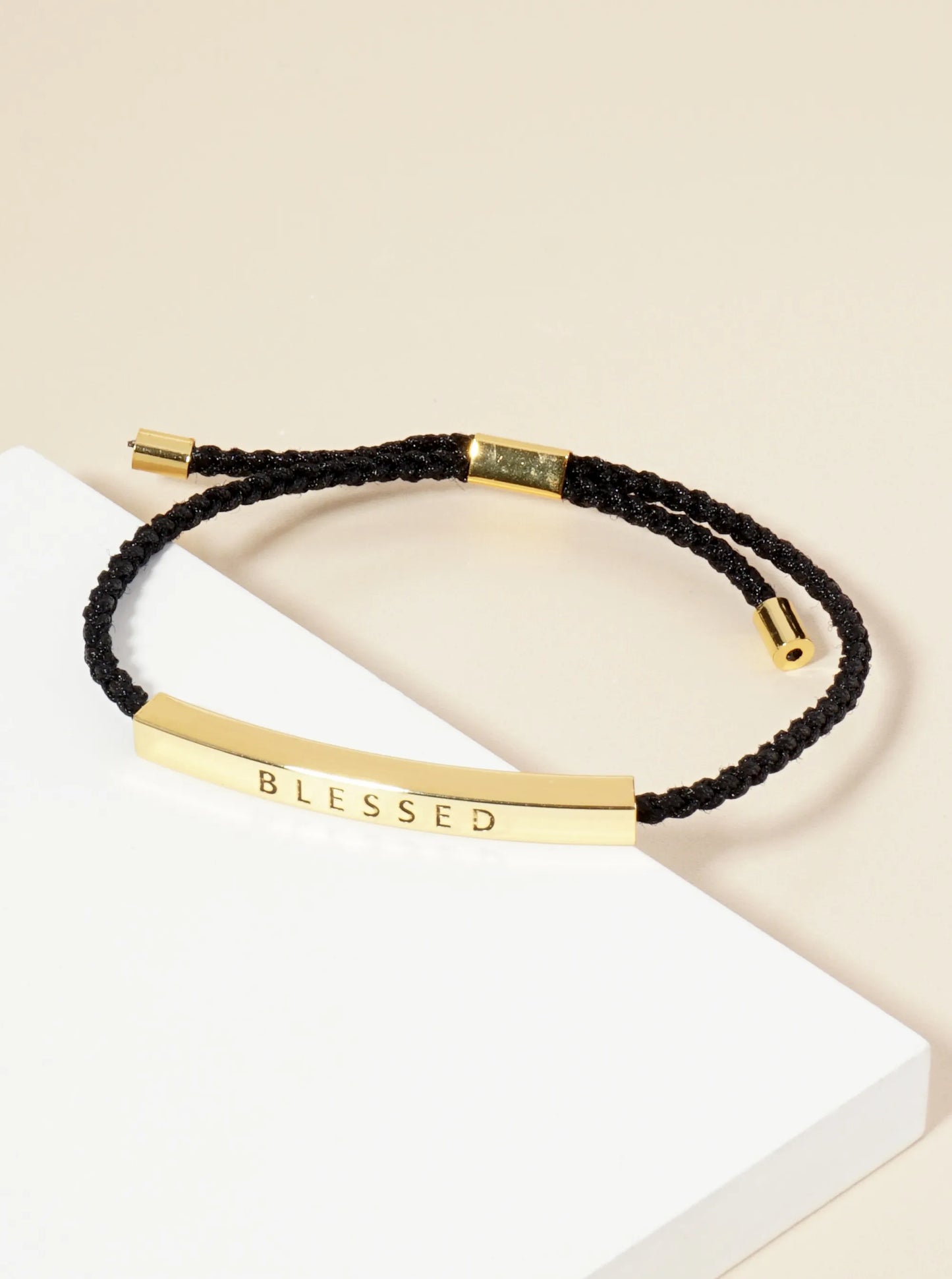 Blessed Engraved 18K Gold Dipped Curved Brass Tube Bar Adjustable Pull Tie Bracelet