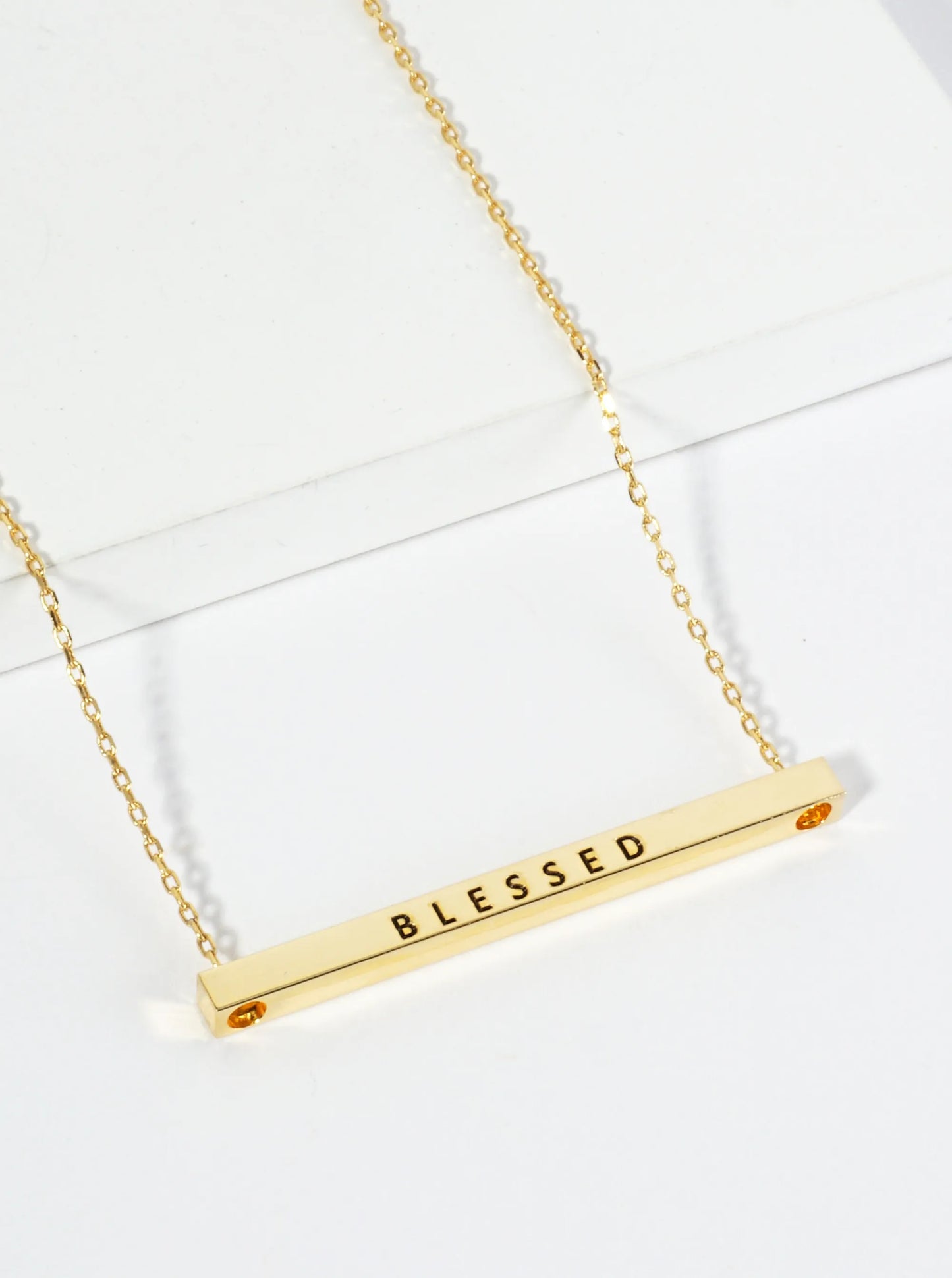 Blessed Engraved 18K Gold Dipped Horizontal Brass Bar Pendant Inspirational Necklace