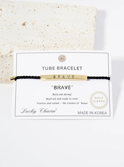 Brave Engraved 18K Gold Dipped Curved Brass Tube Bar Adjustable Pull Tie Bracelet