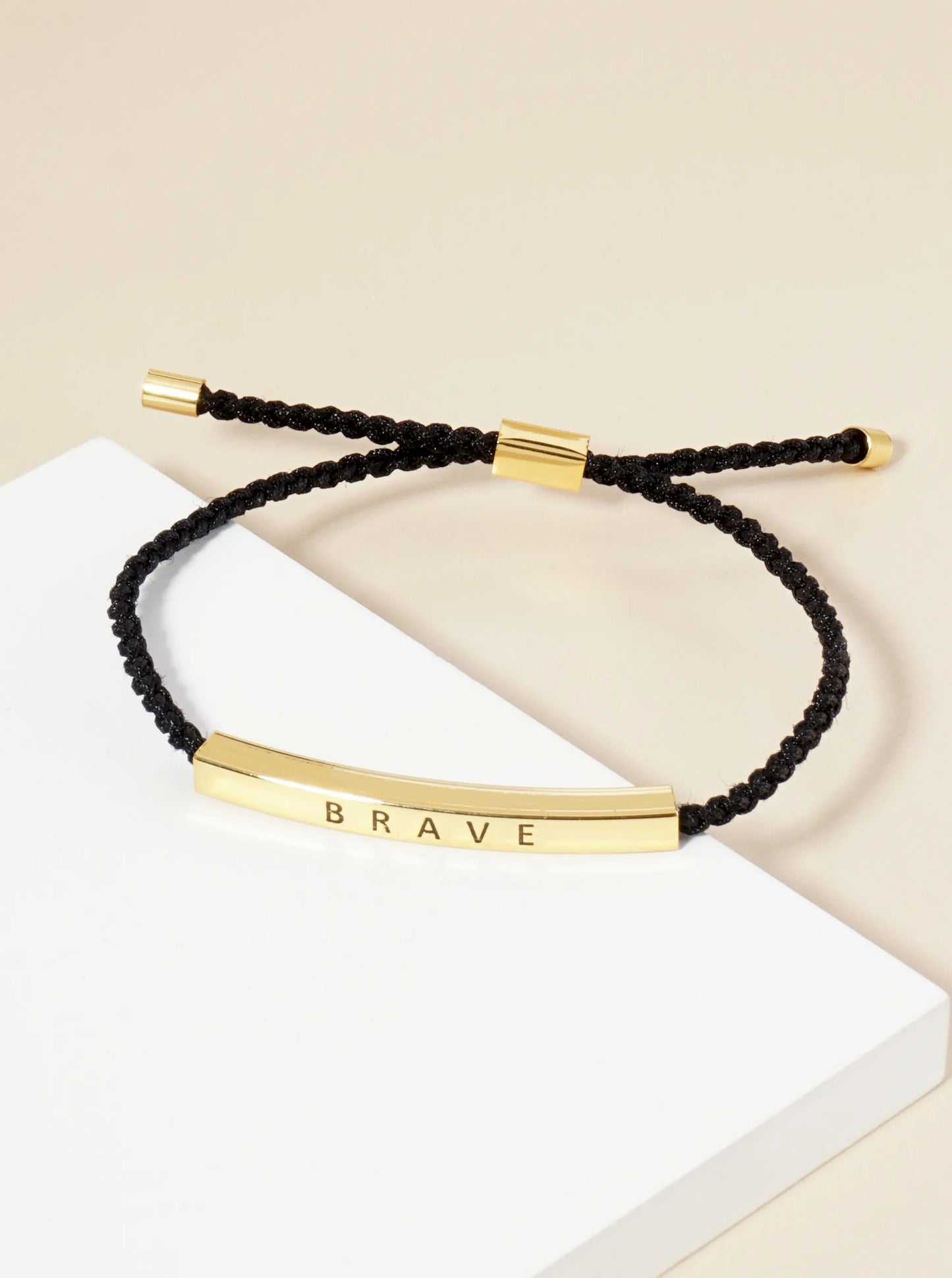 Brave Engraved 18K Gold Dipped Curved Brass Tube Bar Adjustable Pull Tie Bracelet
