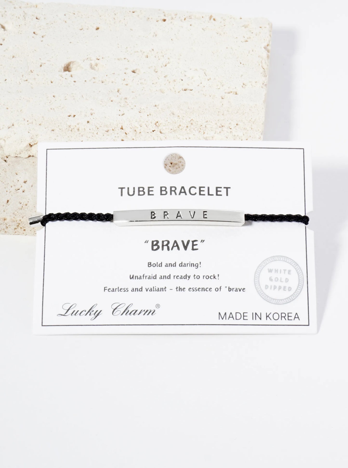 Brave Engraved 18K Gold Dipped Curved Brass Tube Bar Adjustable Pull Tie Bracelet