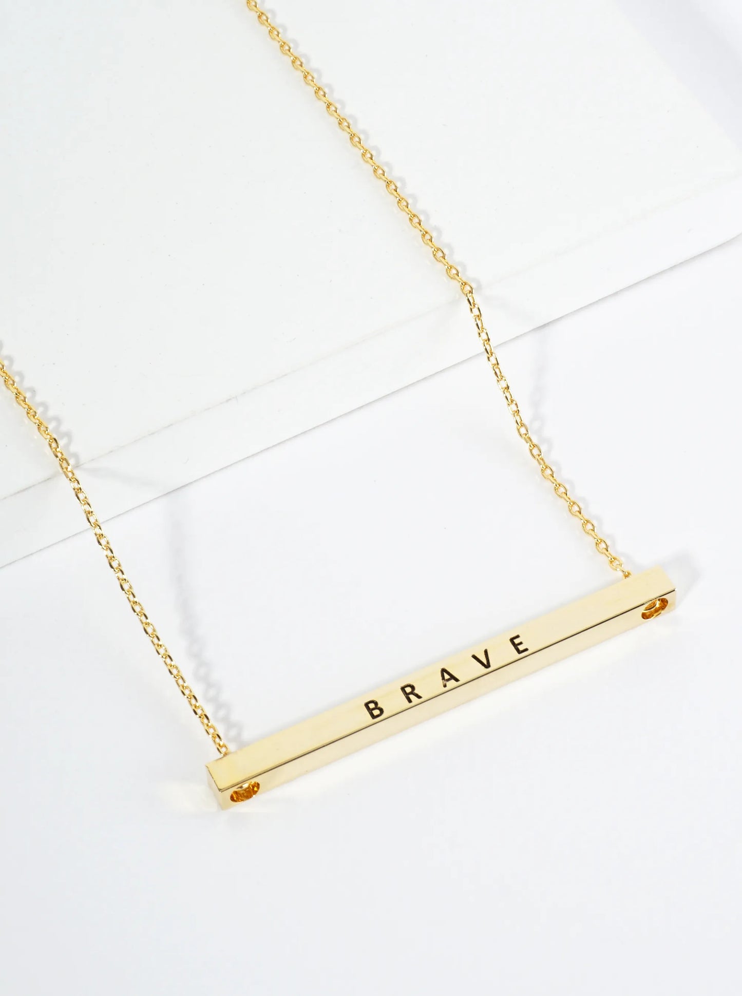 Brave Engraved 18K Gold Dipped Horizontal Brass Bar Pendant Inspirational Necklace