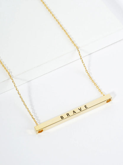 Brave Engraved 18K Gold Dipped Horizontal Brass Bar Pendant Inspirational Necklace