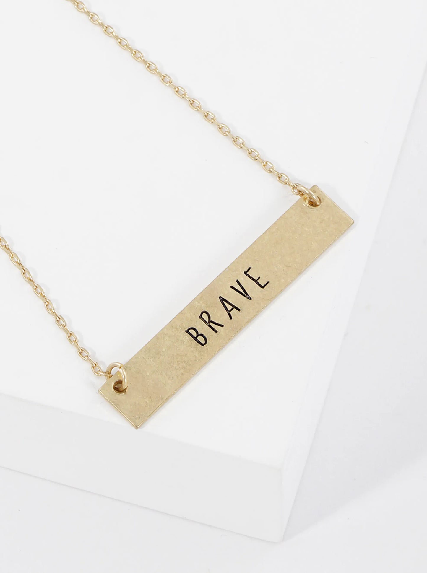 Brave Engraved Horizontal Bar Pendant Necklace