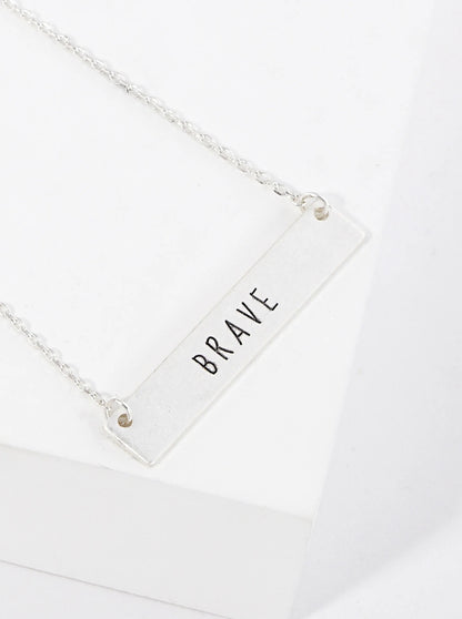Brave Engraved Horizontal Bar Pendant Necklace