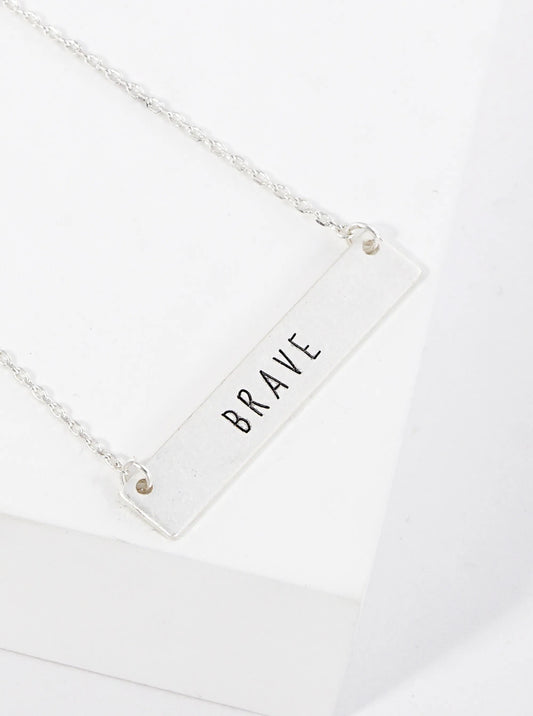 Brave Engraved Horizontal Bar Pendant Necklace