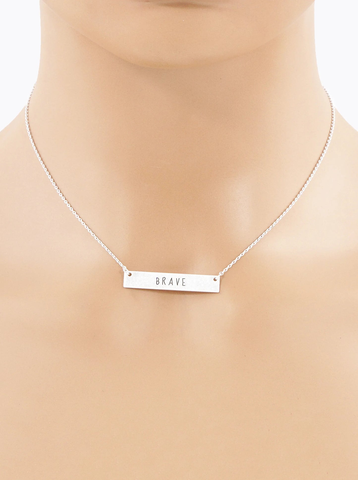 Brave Engraved Horizontal Bar Pendant Necklace