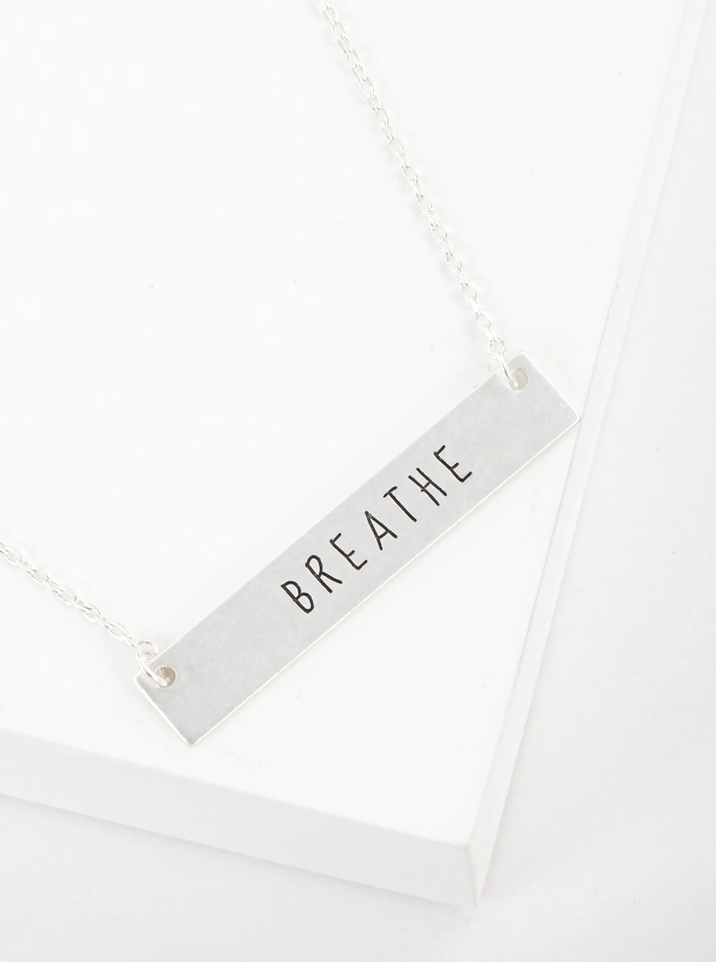 Breathe Engraved Horizontal Bar Pendant Necklace