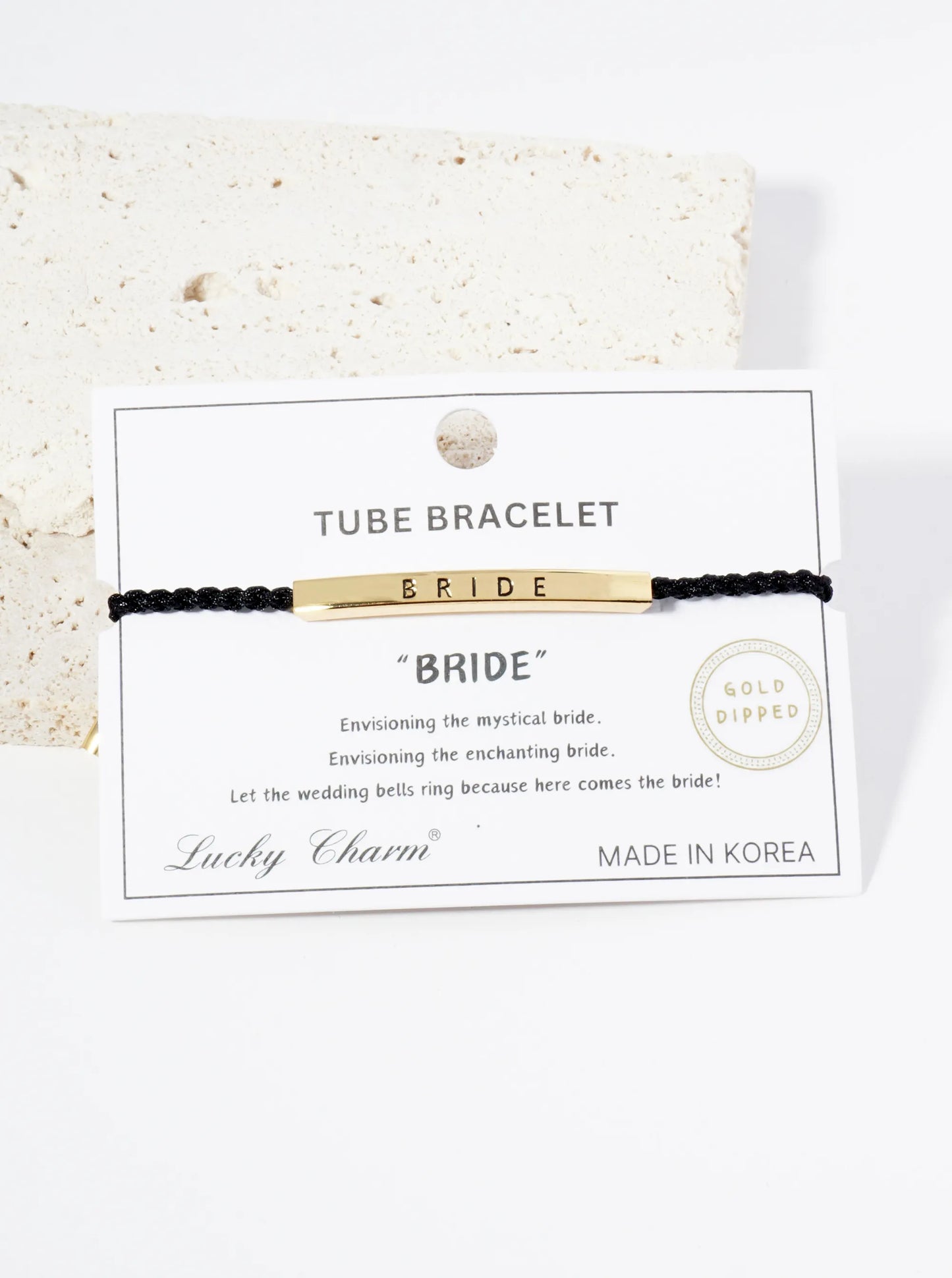 Bride Engraved 18K Gold Dipped Curved Brass Tube Bar Adjustable Pull Tie Bracelet