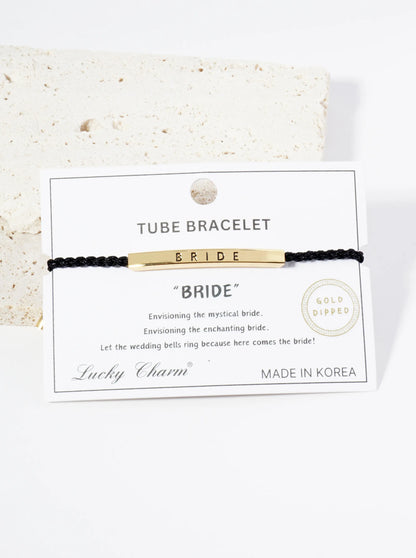 Bride Engraved 18K Gold Dipped Curved Brass Tube Bar Adjustable Pull Tie Bracelet