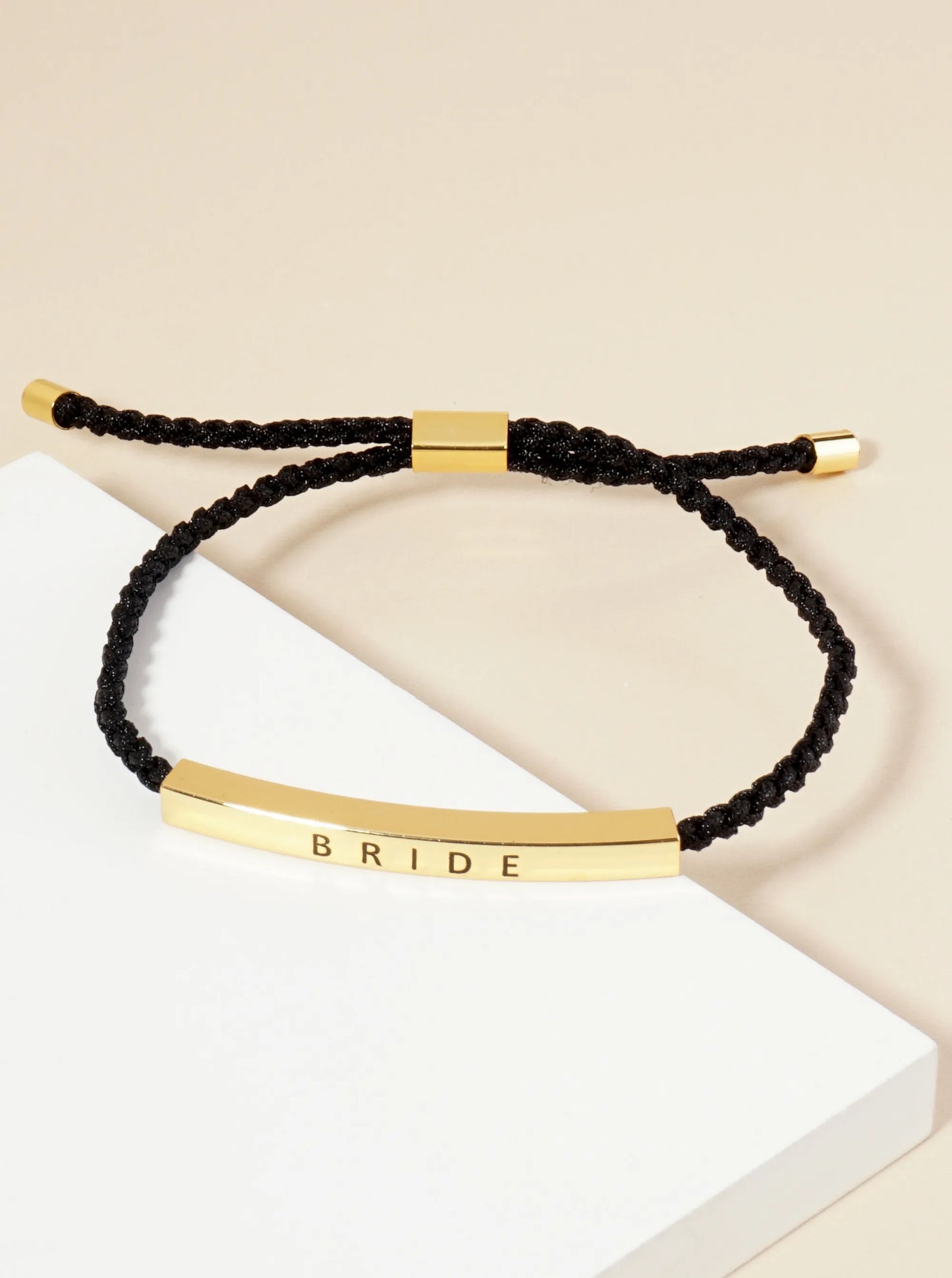 Bride Engraved 18K Gold Dipped Curved Brass Tube Bar Adjustable Pull Tie Bracelet