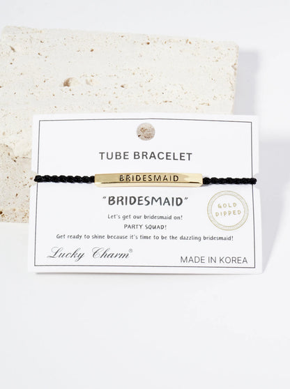 Bridesmaid Engraved 18K Gold Dipped Curved Brass Tube Bar Adjustable Pull Tie Bracelet