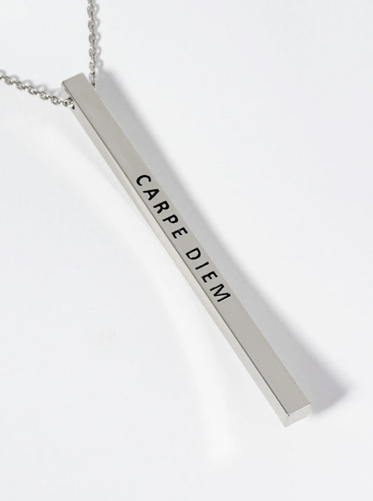 Carpe Diem Engraved Vertical Bar Pendant Inspirational Necklace