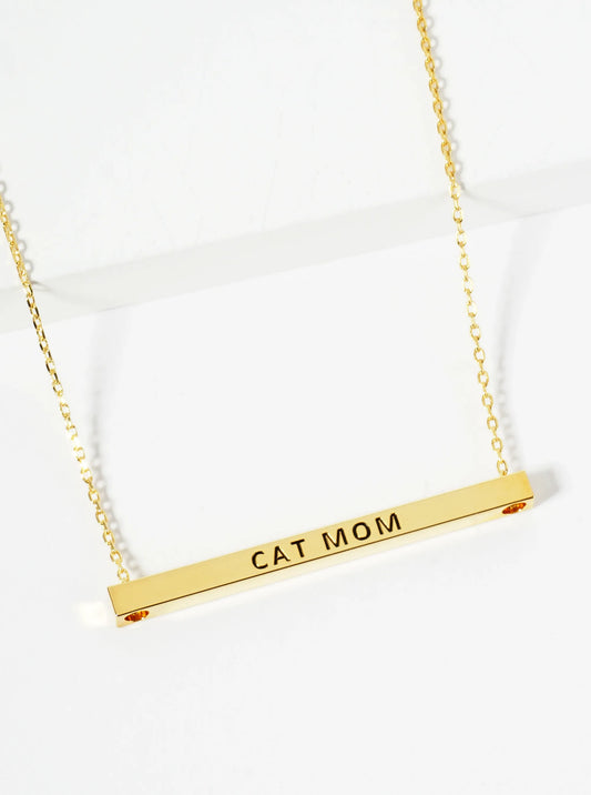 Cat Mom Engraved 18K Gold Dipped Horizontal Brass Bar Pendant Inspirational Necklace