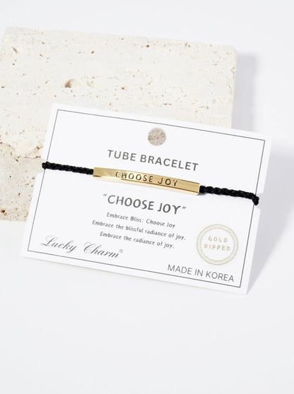 Choose Joy Engraved 18K Gold Dipped Curved Brass Tube Bar Adjustable Pull Tie Bracelet