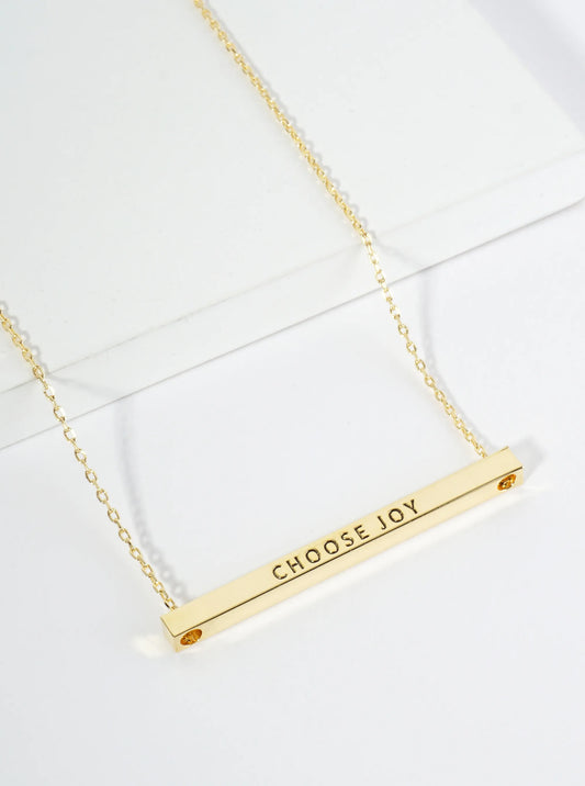 Choose Joy Engraved 18K Gold Dipped Horizontal Brass Bar Pendant Inspirational Necklace