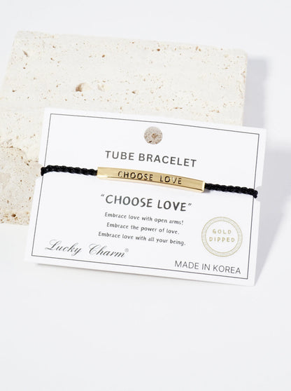 Choose Love Engraved 18K Gold Dipped Curved Brass Tube Bar Adjustable Pull Tie Bracelet