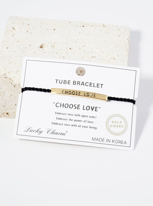 Choose Love Engraved 18K Gold Dipped Curved Brass Tube Bar Adjustable Pull Tie Bracelet