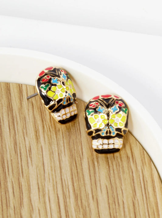 Colorful Enamel Skull Head With Flower 15mm Calavera Sugar Skull Stud Earrings