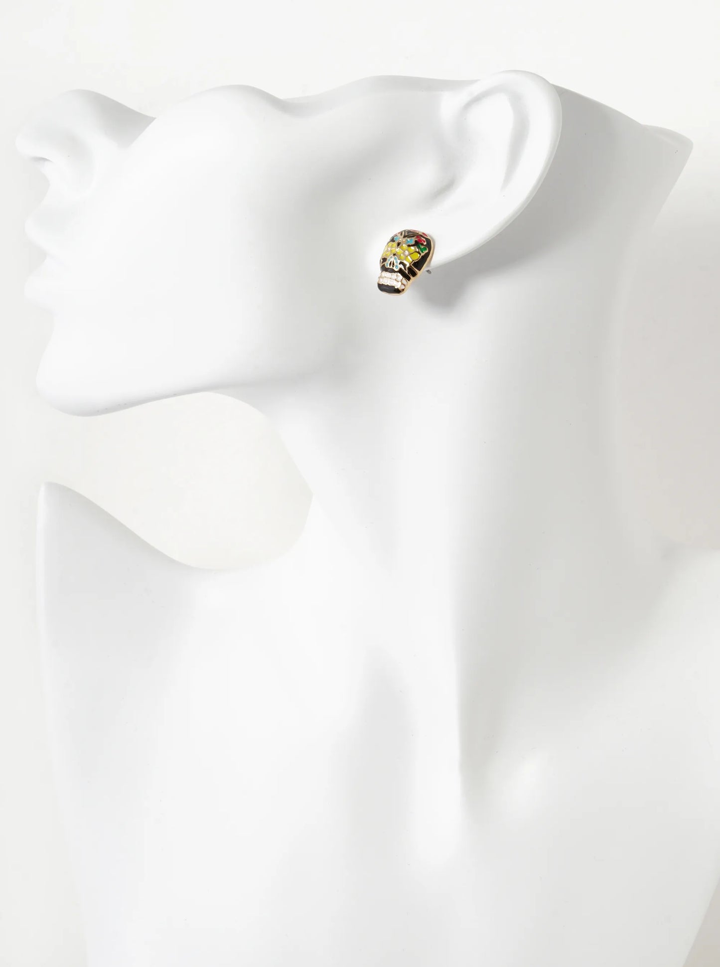 Colorful Enamel Skull Head With Flower 15mm Calavera Sugar Skull Stud Earrings