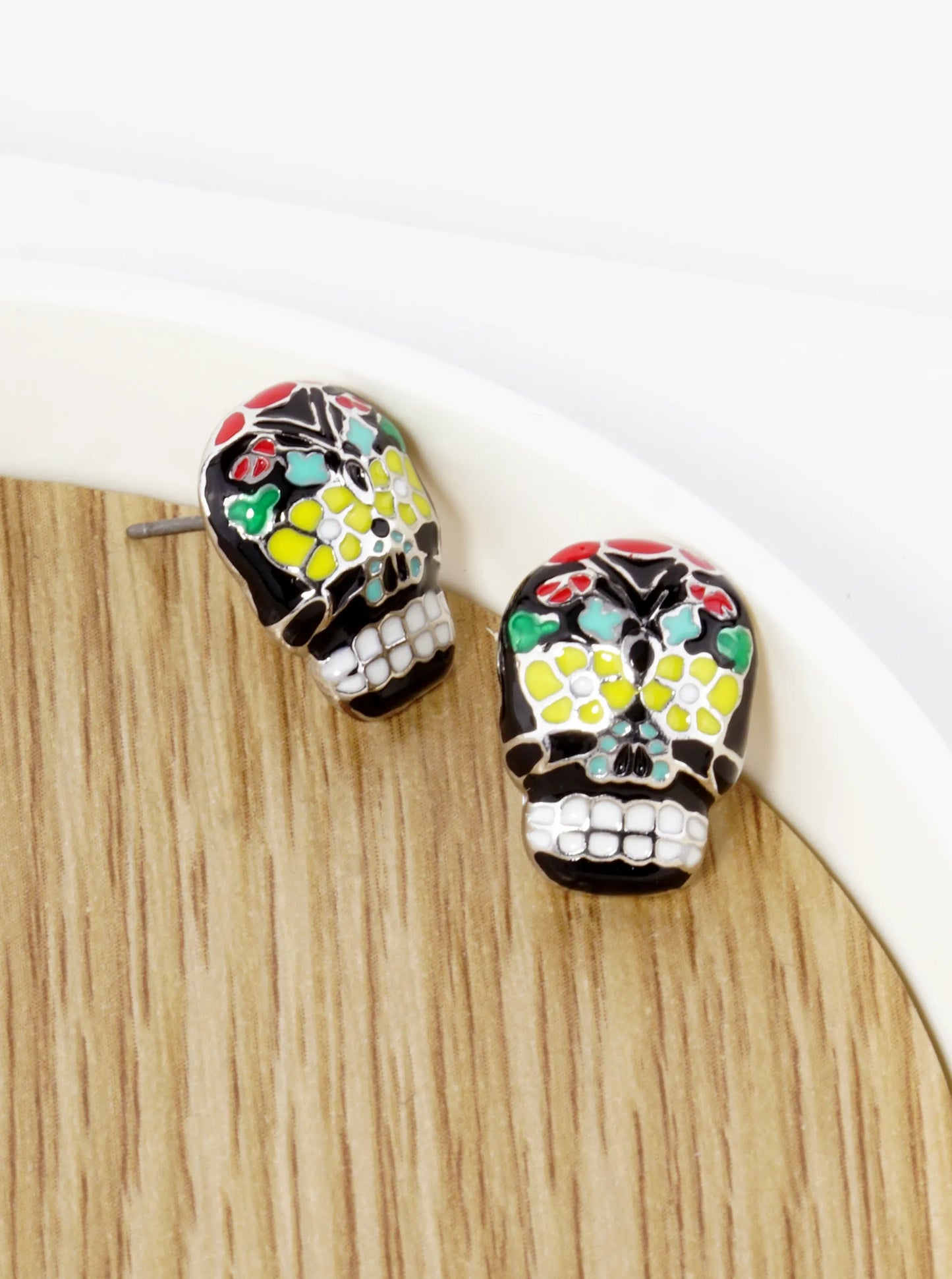 Colorful Enamel Skull Head With Flower 15mm Calavera Sugar Skull Stud Earrings